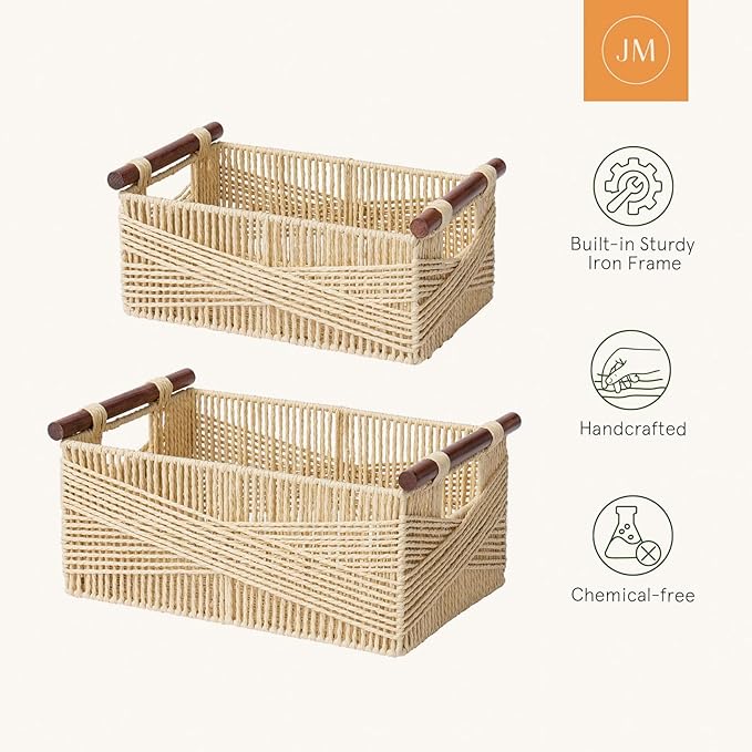 LA JOLIE MUSE Wicker Storage Baskets for Organizing, Recyclable Paper Rope Basket with Wood Handles, Decorative Hand Woven Basket Organizers for Makeup Books Shelves Living Room, Beige, Set of 2-Ruum Studio Home