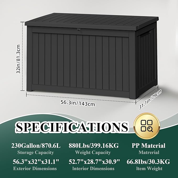 230 Gallon Outside Storage Box, Resin All Weather Storage Cabinet, Large Deck Box for Garden Tools, Patio Furniture, Sports Equipment, Black-Ruum Studio Home
