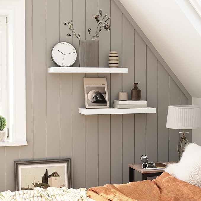 HOOBRO Floating Shelves for Wall, Wall Mounted Shelf Set of 2, 23.6" Hanging Shelf with Invisible Brackets, for Wall in Bathroom, Bedroom, Toilet, Kitchen, Living Room, Office, White WT60BJ01-Ruum Studio Home