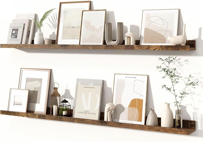 Fun Memories Picture Ledge Shelves Set of 2, 48 Inch Rustic Wall Mounted Floating Shelves with Lip for Home Storage and Décor in Bathroom, Kitchen, Nursery, Bedroom, Living Room, Brown-Ruum Studio Home