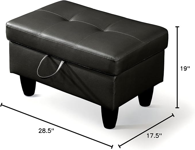 Ottoman Rectangular Storage Ottoman Bench, Faux Leather Footrest, Coffee Table, Stool Footstool with Hinged Lid for Living Room, Bedroom, Entryway, Black, 28.5"x19"x17.5"-Ruum Studio Home