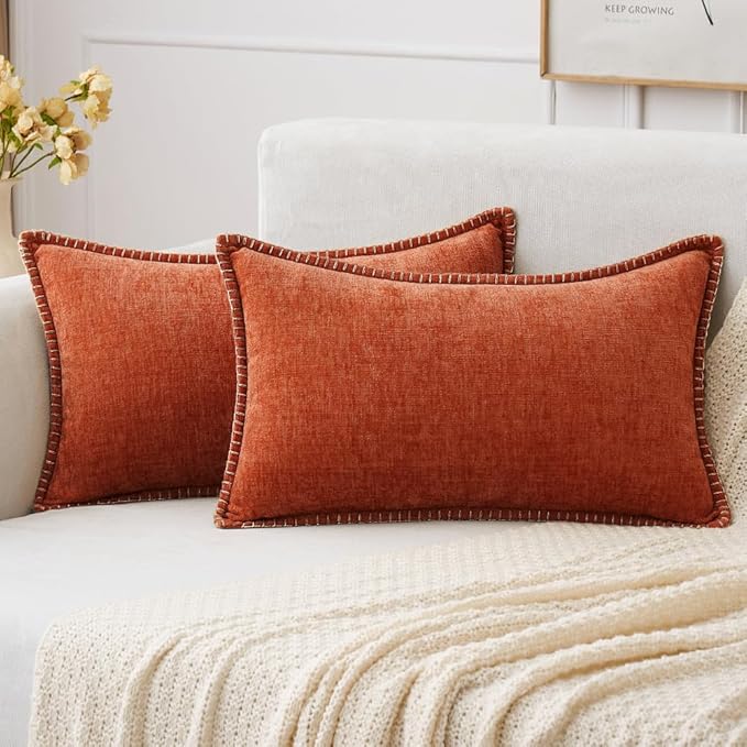 MIULEE Pack of 2 Fall Couch Throw Pillow Covers 12x20 Inch Rust Farmhouse Decorative Pillow Covers with Stitched Edge Soft Chenille Solid Dyed Pillow Covers for Sofa Bed Living Room-Ruum Studio Home