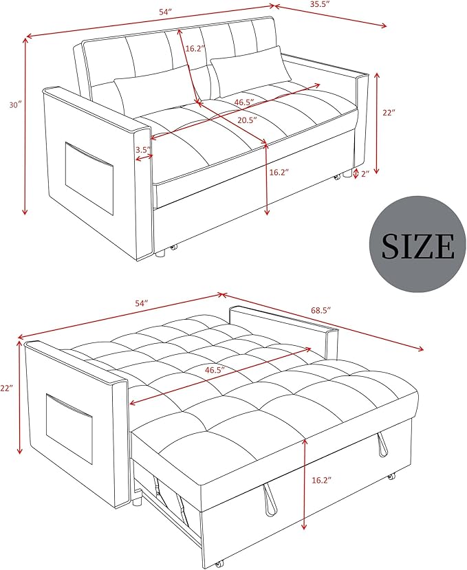 3 in 1 Sleeper Sofa Bed, Futon Sofa Bed for Living Room with Side Pocket, Blue Sleepers Sofas Couch with Pullout Beds, Convertible Love Seat Sleepers couch for Living Room, Bedroom, Small Space-Ruum Studio Home