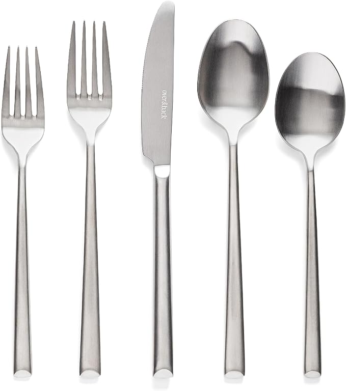 over&back 20pc Modern Flatware Cutlery Set - Comes with 4 Dinner Forks, 4 Salad Forks, 4 Dinner Knives, 4 Dinner Spoons, and 4 Teaspoons - 18/8 Stainless Steel - Dishwasher-Safe - Brushed Stainless-Ruum Studio Home