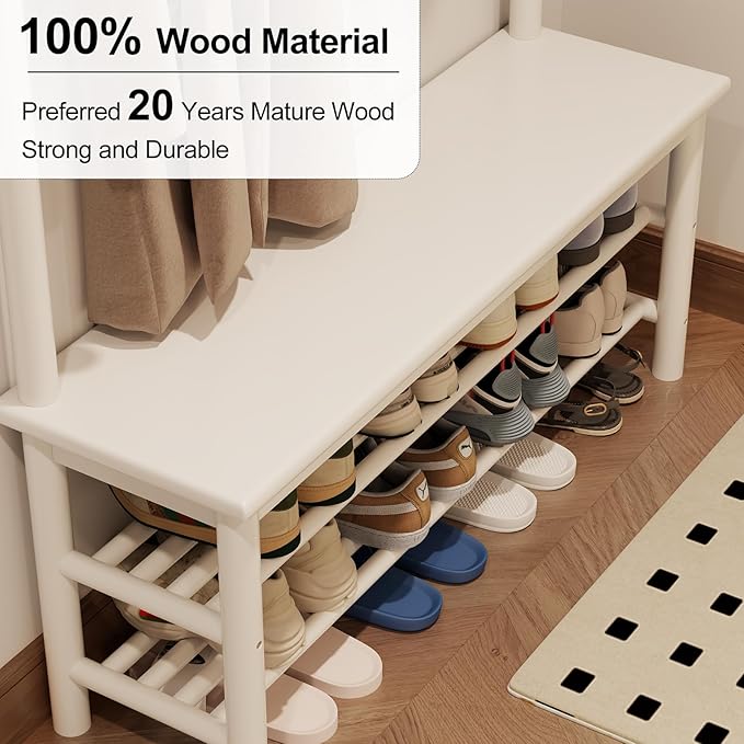 Coat Rack with Shoe Storage, Wooden Hall Tree with Bench, 11 Hooks and 2-Tier Storage Shelves, 3-in-1, Entryway Bench with Coat Rack (39.3"-Deep White)-Ruum Studio Home