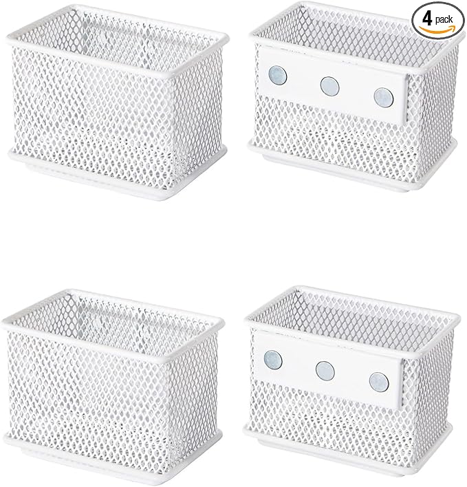 White Magnetic Basket, Magnetic Pencil Holder for whiteboard, Wire Mesh Magnetic Refrigerate Organizer, Magnetic shelf Desktop Storage, 3.42'' x 2.36'' x 2.55'',Set of 4-Ruum Studio Home