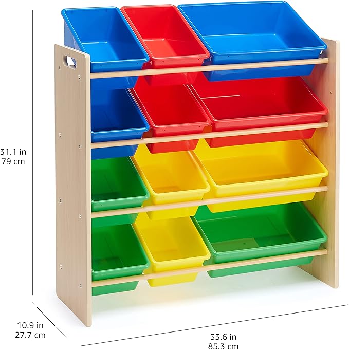Amazon Basics Kids Toy Storage Organizer With 12 Plastic Bins, Natural Wood With Bright Bins, 10.9" D x 33.6" W x 31.1" H-Ruum Studio Home
