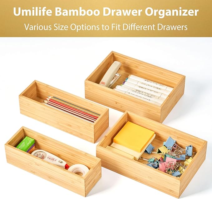 Umilife Bamboo Kitchen Drawer Organizer, Extra High Silverware Tray, Flatware Cutlery Storage Box, Multi-Use Holder in Office, Bathroom, Pantry - 9"x3"x2.5" (Set of 2)-Ruum Studio Home