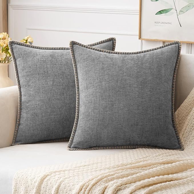 MIULEE Pack of 2 Couch Throw Pillow Covers 18x18 Inch Dark Gray Farmhouse Decorative Pillow Covers with Stitched Edge Soft Chenille Solid Dyed Spring Pillow Covers for Sofa Bed Living Room-Ruum Studio Home