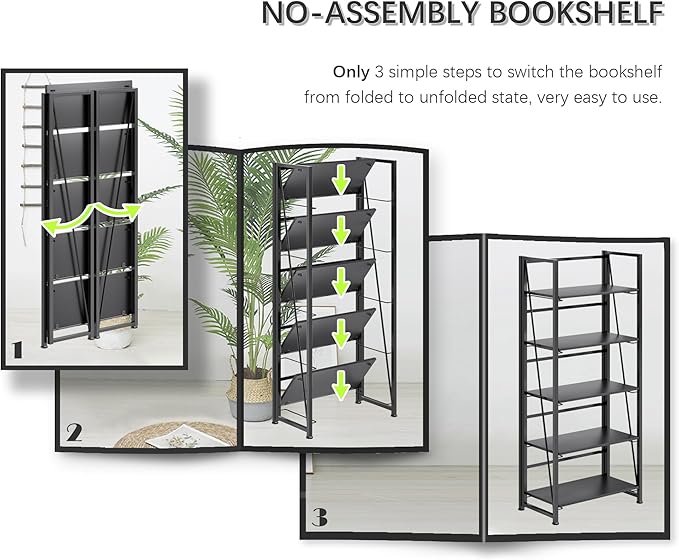 4NM No Assembly Foldable Bookshelf, 5-Shelf Collapsible Bookcase Storage for Small Spaces, 62.2" H, All Black-Ruum Studio Home