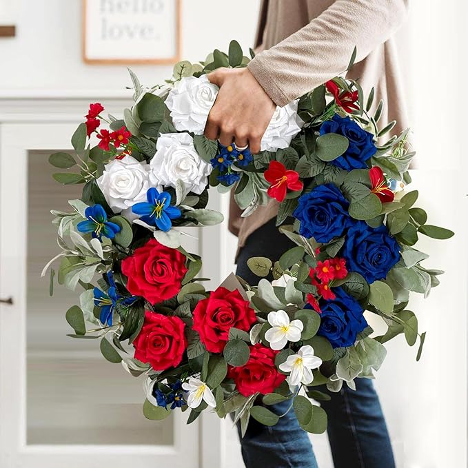 WANNA-CUL Patriotic Wreath Decorations, 24 Inch Rose 4th of July Wreaths for Front Door, Red White Blue Spring Door Wreath for Independence Day, Memorial Day for Indoor Outdoor Decor-Ruum Studio Home