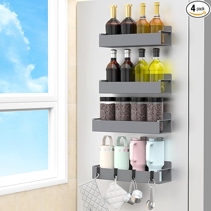 4 Pack Magnetic Spice Rack Organizer for Refrigerator and Oven, Dark Grey Fridge Organizers and Storage for Kitchen-Ruum Studio Home