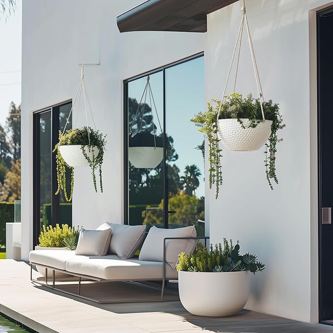 LA JOLIE MUSE Hanging Planters for Outdoor Plants, Large Hanging Planter with Drain Holes, Outdoor Hanging Flower Pots, White Stone, Honeycomb (13.2 Inch, Set of 2)-Ruum Studio Home