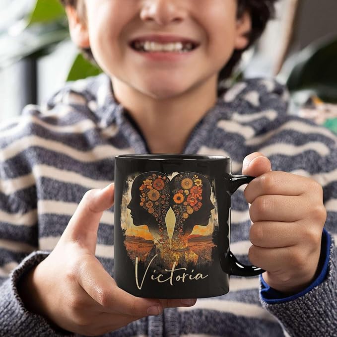 Personalized Autumn Landscape Black Cup, Custom Name Coffee Mug 11oz 15oz, Custom Floral Silhouette Ceramic Cup, Gifts for Women, Zodiac Inspired Coffee Mug, Gifts for Birthday-Ruum Studio Home