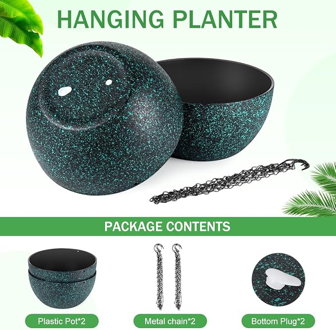 12 inch Hanging Planters for Indoor Plants, 2 Pack Planters for Outdoor Plants with Drainage Holes and Chain, Round Plastic Hanging Baskets, Hanging Flower Pots for Balcony Garden Decor-Black Speckle-Ruum Studio Home