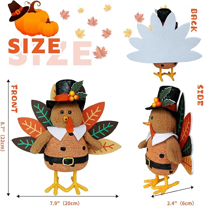 CRCZK Thanksgiving Turkey Decoration Fall Harvest Tabletop Decor Standing turkey with Dangling Legs, 2 Pack Plush Stuffed Turkeys Shelf Figurine Gift for Autumn Fall Harvest Halloween Home Decorations-Ruum Studio Home