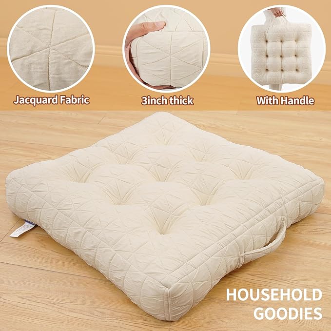 Large Chair Cushions with Handle, 20"x 20" Bite-Size Memory Foam Seat Cushions for Wicker Chair, Patio Non-Slip Rattan Chair Pads, Square Floor Cushion, Beige-Ruum Studio Home