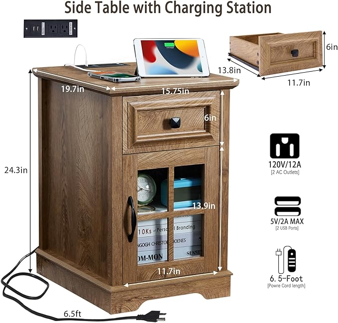 Farmhouse XXL End Table with Charging Station, Side Table with USB Ports and Outlets, Nightstand with Drawer and Glass Door Storage, Log Color Bedside Tables for Living Room, Bedroom, Office-Ruum Studio Home