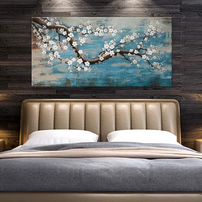 Huge Wall Art for Living Room 100% Hand-Painted Flower Oil Painting On Canvas Gallery Wrapped Floral Plum Blossom Artwork for Bedroom Office Decor One Panel 60x30inch Extra Large-Ruum Studio Home