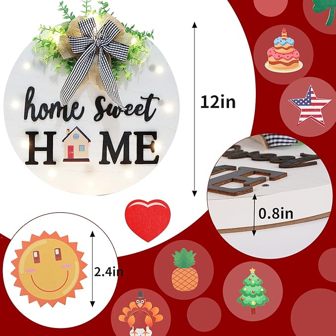 Interchangeable Welcome Sign for Front Door with 14 Changeable Icons, Farmhouse Front Porch Decor Rustic Wooden Wall Sign with 12 LED Lights, Outdoor Seasonal Welcome Home Decorations (White1)-Ruum Studio Home