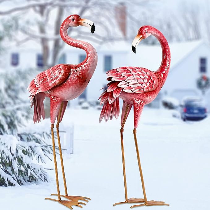 Kircust Flamingo Garden Statues and Sculptures, Metal Birds Yard Art Outdoor Statue, Large Pink Flamingo Lawn Ornaments for Home, Patio, Backyard Decor (2-Pack)-Ruum Studio Home
