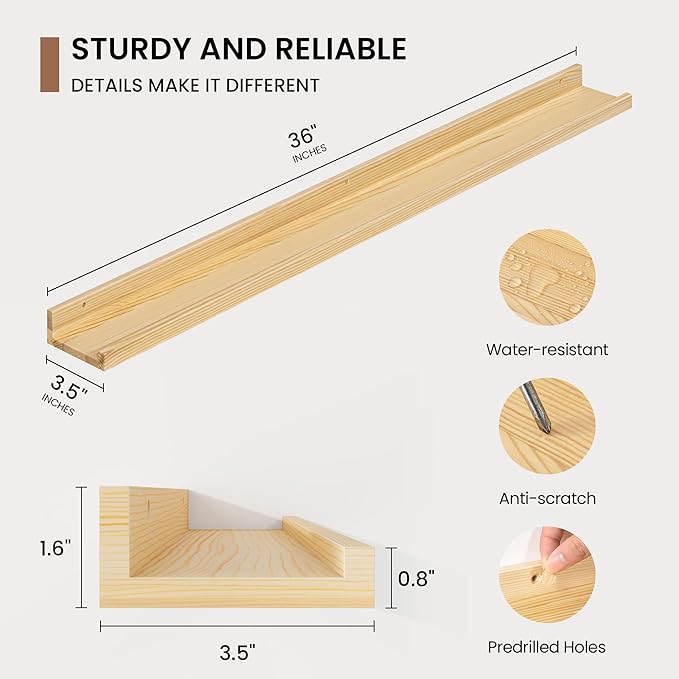 Picture Ledge Shelf, Solid Pine Wood Floating Shelves Set of 2, 32 Inches Nursery Book Shelves for Toys Storage, Kids Bookshelf Wall Mounted for Living Room Decor Photo Frames, Unfinished Natural-Ruum Studio Home