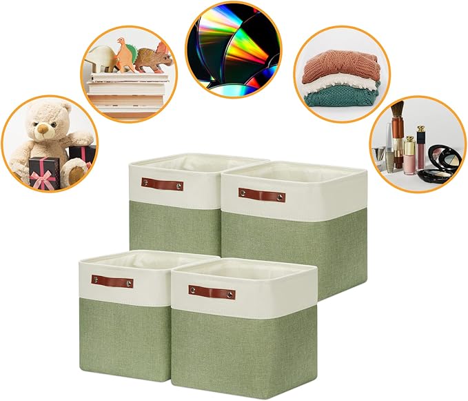 DULLEMELO Storage Basket, Linen Closet Organizers and Storage Baskets for Home Office, Suitable as Dog Toy Box, Baby Gift Basket, 4 Pieces 12x12 Decorative Cube Storage Bins(4 Pack - 12" White&Green)-Ruum Studio Home