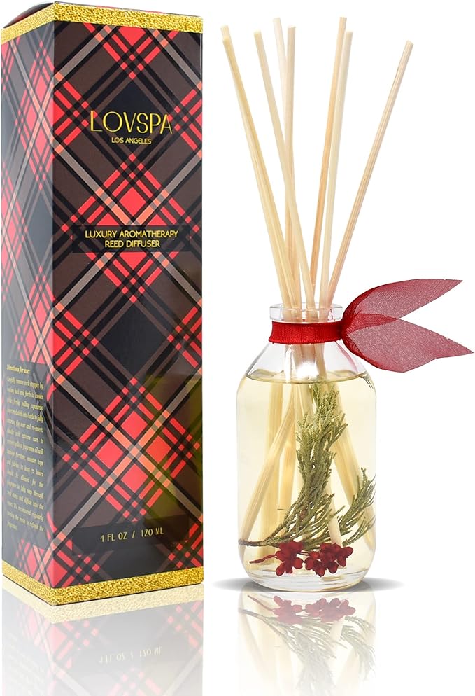 LOVSPA Reed Diffuser Set, Joy Winterberry Spruce Scented Oil Diffuser with Sticks, Home Fragrance Accessories for Bathroom Shelf Decor, Aroma Diffusers for Home or Office Desk, USA Made-Ruum Studio Home