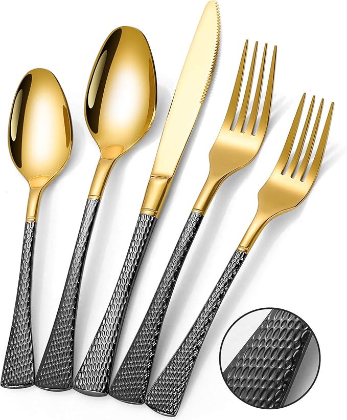 Hammered Black Gold Silverware Set,20 Piece Modern Flatware Set Service for 4,Mirror Polished Stainless Steel Cutlery Set Utensil Set Tableware Set,Kitchen Knives Fork Spoon Set,Dishwasher Safe-Ruum Studio Home