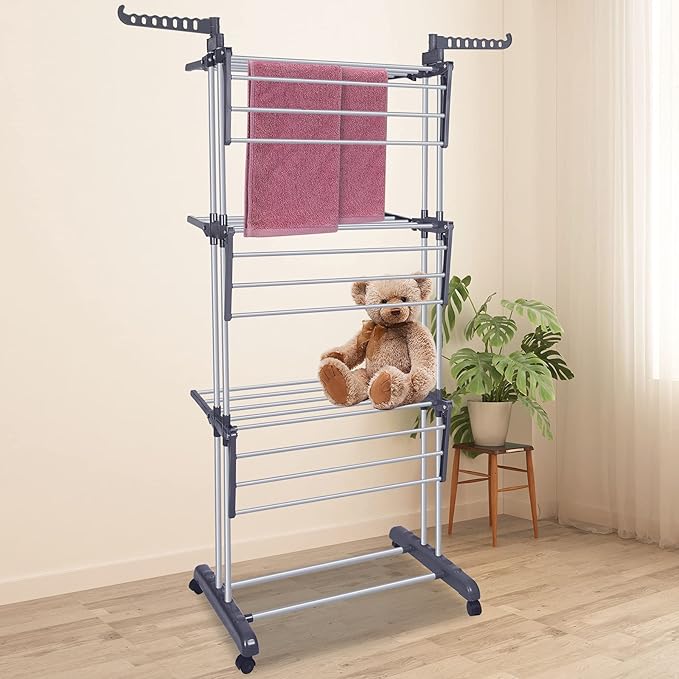 Bigzzia Clothes Drying Rack Folding Drying Rack Clothing 4 Tier Clothes Horses Rack Stainless Steel Laundry Drying Rack with Two Side Wings Grey-Ruum Studio Home