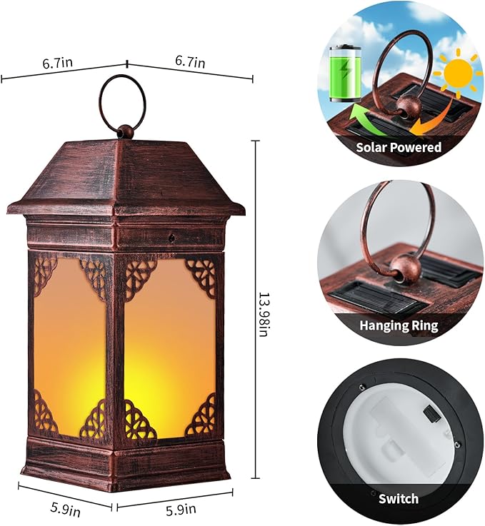 14" Solar Lanterns Outdoor Waterproof, Glass Flickering Flame Solar Lantern, Hanging Metal Lantern Decorative for Patio Front Porch Garden Backyard Tabletop Party Decoration-Ruum Studio Home