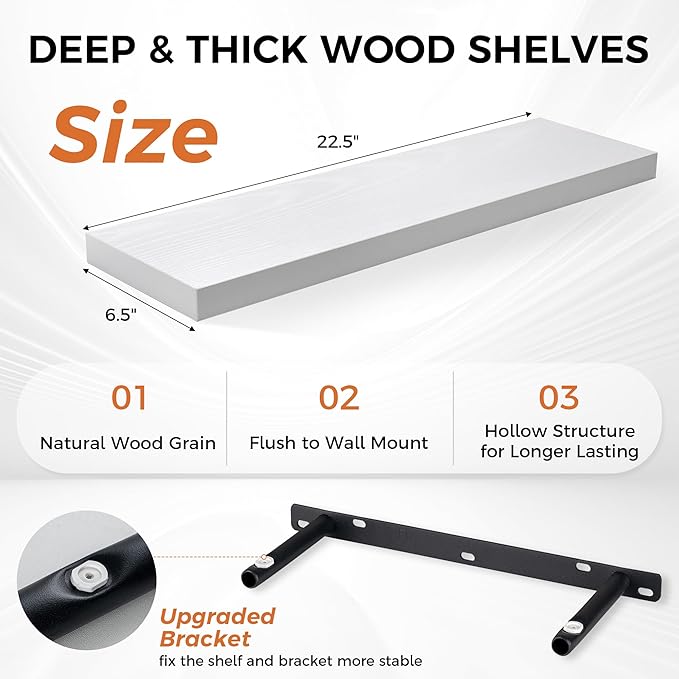 Fun Memories Floating Shelves for Wall, 22.5" Rustic Wood Deep Wall Mounted Shelves with Invisible Brackets for Decor & Storage, Floating Shelf for Living Room, Bathroom (White, Set of 2)-Ruum Studio Home