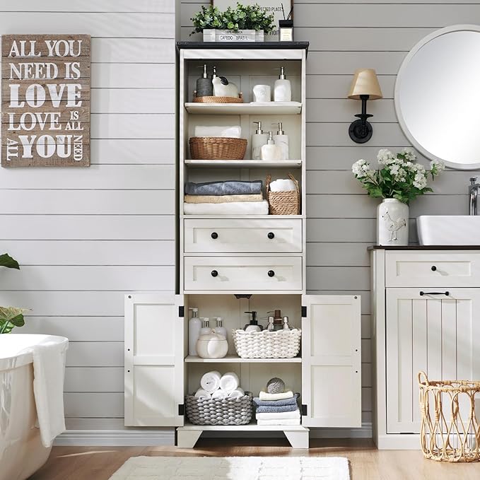 72" Tall Bathroom Storage Cabinet, Farmhouse Storage Cabinet with 2 Drawers, Adjustable Shelves & Barn Door, Cabinet for Bathroom, Living Room, Kitchen, Off White-Ruum Studio Home