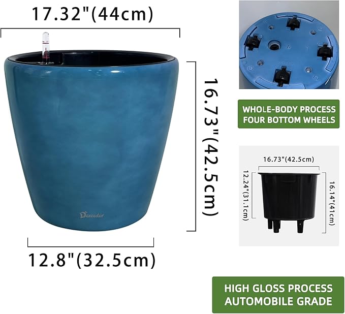 Dexceder 18x17 Self Watering Planter with Wheels Indoor Outdoor, Inner Pot Design, Thickened Large Floor Standing Flower Plant Pot with Water Level Indicator (Peacock Blue Gradient)-Ruum Studio Home