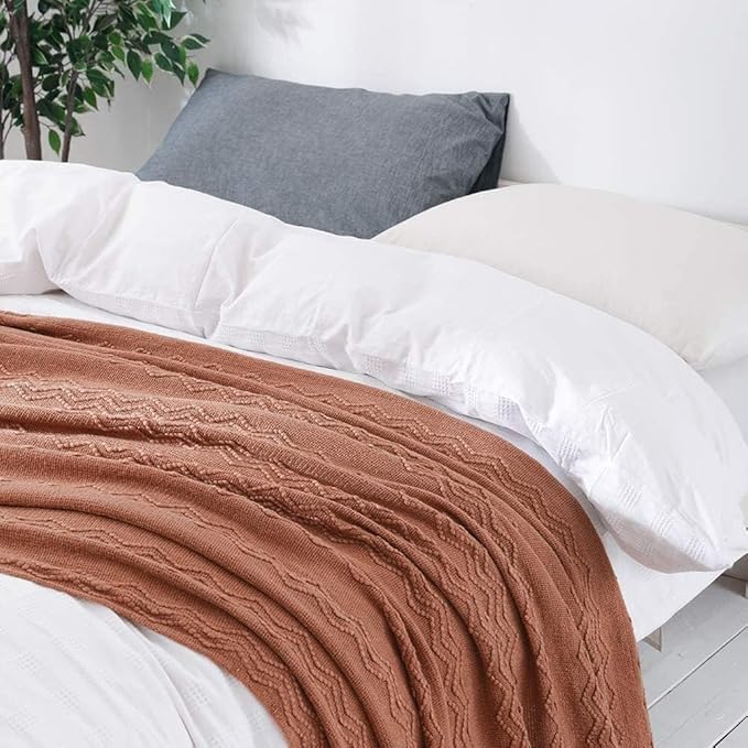 MIULEE Fall Orange Knitted Throw Blanket for Couch Boho Terracotta Rust Textured Cozy Woven Blanket with Tassels for Sofa Chair Bed Living Room Acrylic Wave Pattern 60"x80"-Ruum Studio Home