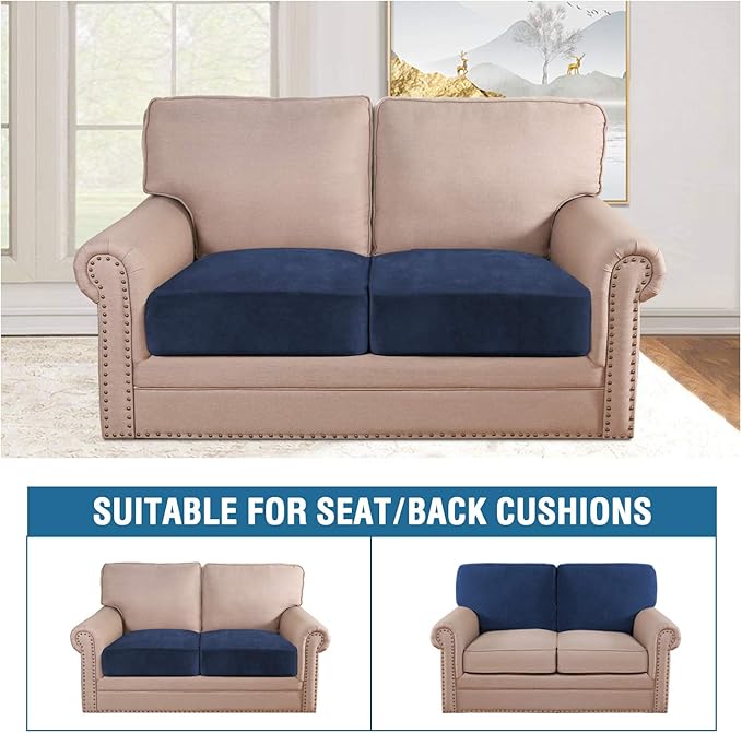 H.VERSAILTEX Velvet Stretch Couch Cushion Cover Plush Cushion Slipcover for Chair Loveseat Sofa Cushion Furniture Protector Seat Cushion Sofa Cover (2 Piece Large Sofa Cushion Covers, Navy)-Ruum Studio Home