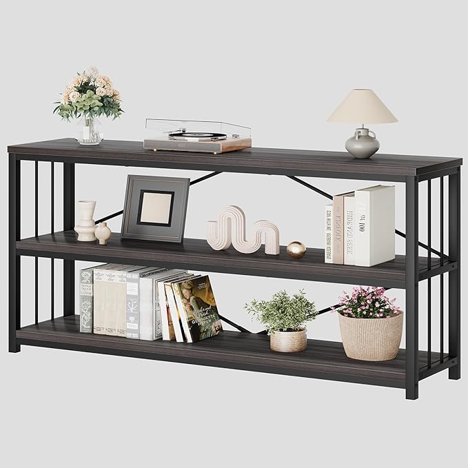 LVB 3-Tier Rustic Console Table, Extra Long Entryway Table with Storage, Industrial Skinny Wood Metal Sofa Table with Shelf, Modern Narrow Hallway Table for Foyer Living Room Bedroom, Dark Gray, 70 In-Ruum Studio Home