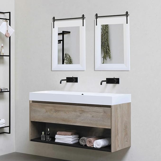 ALBAD Farmhouse Wood Framed Wall Mirror, Natural Wood and Framed Wall Mounted Bathroom Vanity Mirror for Farmhouse Decor, Vertical or Horizontal Hanging-Ruum Studio Home