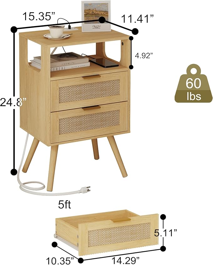 Rattan Nightstand with Charging Station,Modern Bedside Table with 2 Storage Drawer and Open Wood Shelf, for Bedroom and Small Spaces,Night Stand with Solid Wood Legs (Yellow Oak)