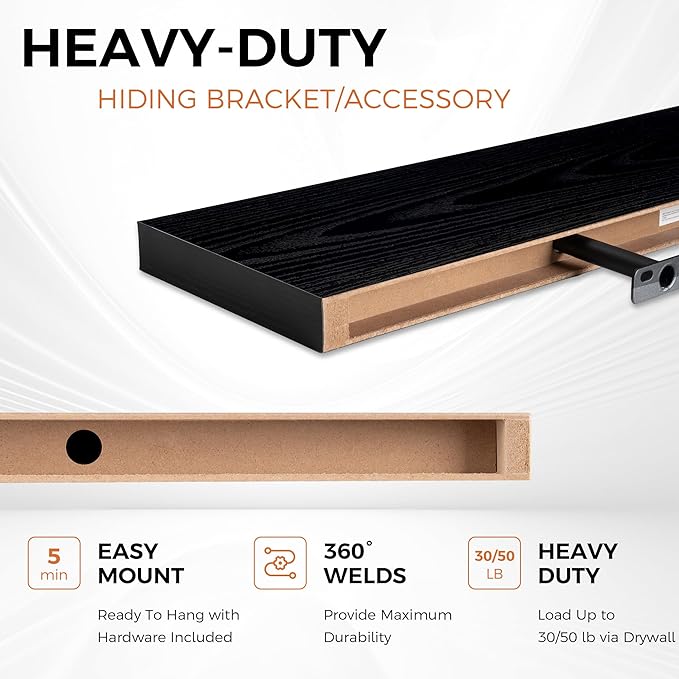 Fun Memories 36Inch Floating Shelves for Wall 2 Pack Wood Shelves for Kitchen, Bathroom, Bedroom Wall Mounted Rustic Wood Floating Shelf with Invisible Brackets for Books, Storage, Decor, Black-Ruum Studio Home