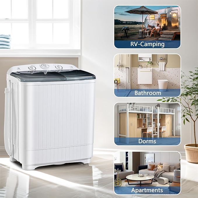 Portable Mini Twin Tub 22lbs Washing Machine With Drying Rack& 10 Hangers, 13lbs Washer & 9lbs Spinner, Small Laundry Washer with Time Control for Camping, Apartments, RV (22lbs)-Ruum Studio Home