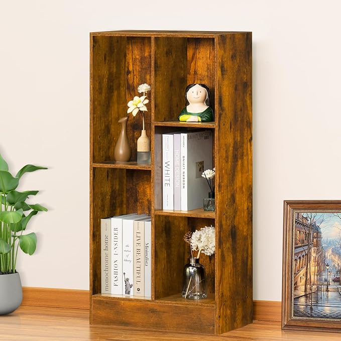 LEYAOYAO 5 Cube Mid-Century Modern Brown Wood Bookcase, 3 Tier Storage Organizer Shelf, Rustic Display Cabinet for Bedroom, Living Room, Office-Ruum Studio Home