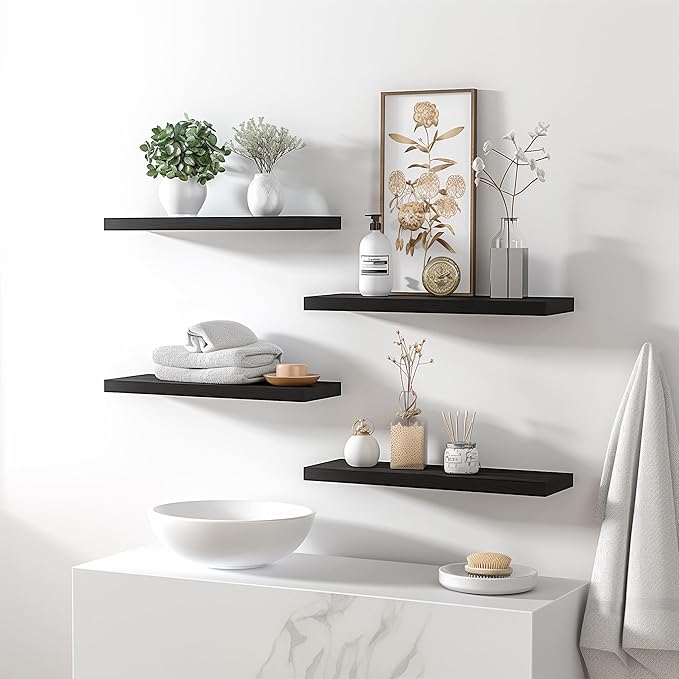 Wood Floating Shelves for Wall Decor, Rustic Wall Shelves for Bedroom Bathroom Kitchen Living Room, Set of 6 Black-Ruum Studio Home