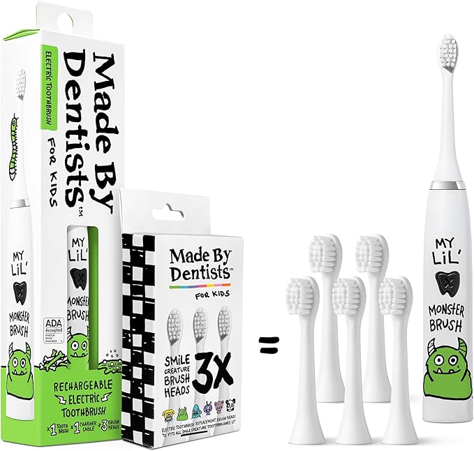 Kids Electric Toothbrush - Rechargeable Vibrating Toothbrush with Timer, Includes 6 Replacement Heads, Gently Cleans Teeth, for Girls and Boys, Kids & Toddlers Age 2+, Monster-Ruum Studio Home