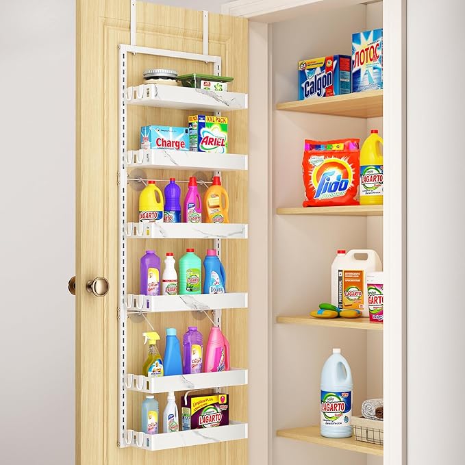 bukfen Over the Door Pantry Organizer, 6-Tier Adjustable Basket Kitchen Pantry Door Organization and Storage, Heavy-Duty Metal Hanging Kitchen Spice Rack,D6.3 x W17.32 x H50.60 inch,White Marble Color-Ruum Studio Home