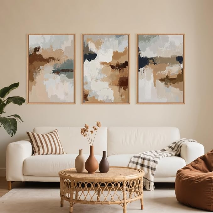 LHIUEM Large Abstract Brown Grey Framed Canvas Wall Art,Neutral Brush Stroke Pastel Wall Decor,Modern Color Block Wall Painting,Minimalist Artwork for Living Room,Bedroom,Dining Room,Office -16"x24"x3-Ruum Studio Home
