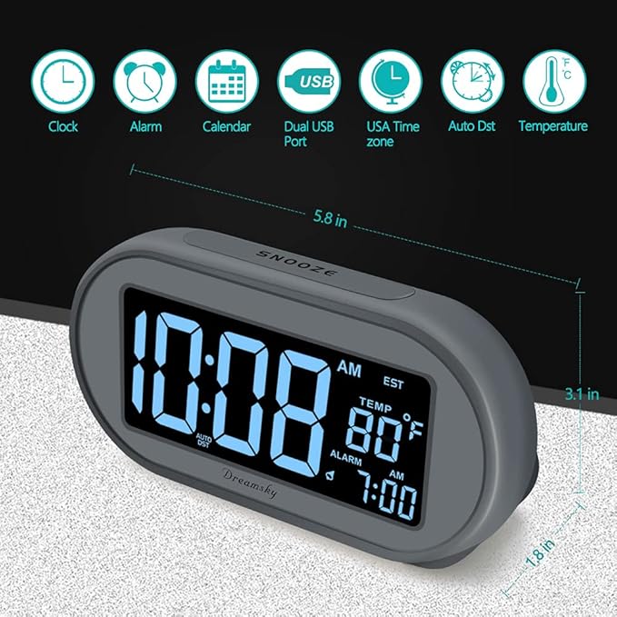 DreamSky Alarm Clocks for Bedrooms, Auto Set Digital Desk Clock for Bedside Nightstand, Electric Clock with Dimmable Brightness Dimmer, Auto DST, USB Port, Date, Temperature, Snooze-Ruum Studio Home