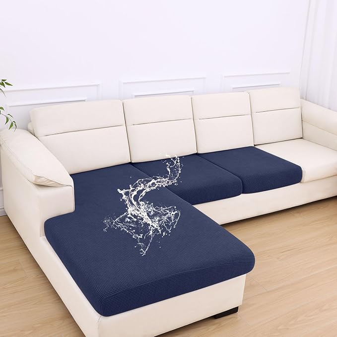 hyha Waterproof Couch Cushion Covers for Pets, Non Slip Sofa Seat Cover for Dogs Washable, Soft Thick Stretch Jacquard Fabric, Sofa Slipcovers with Elastic Bottom (1 Chaise+2 Seater, Navy)-Ruum Studio Home