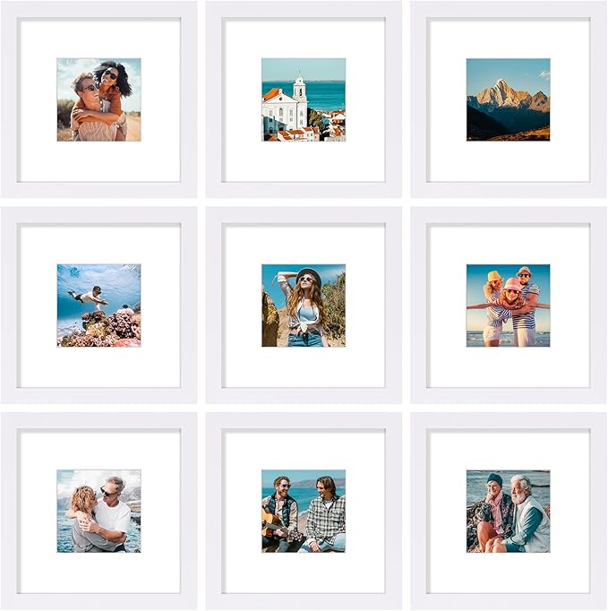 Vittanly 12x12 Picture Frames Set of 9, Shatter Resistant Plexiglass, Display 8x8 Pictures with Mat or 12x12 without Mat, Photo Frames for Wall Mount, Engineered Wood, White-Ruum Studio Home