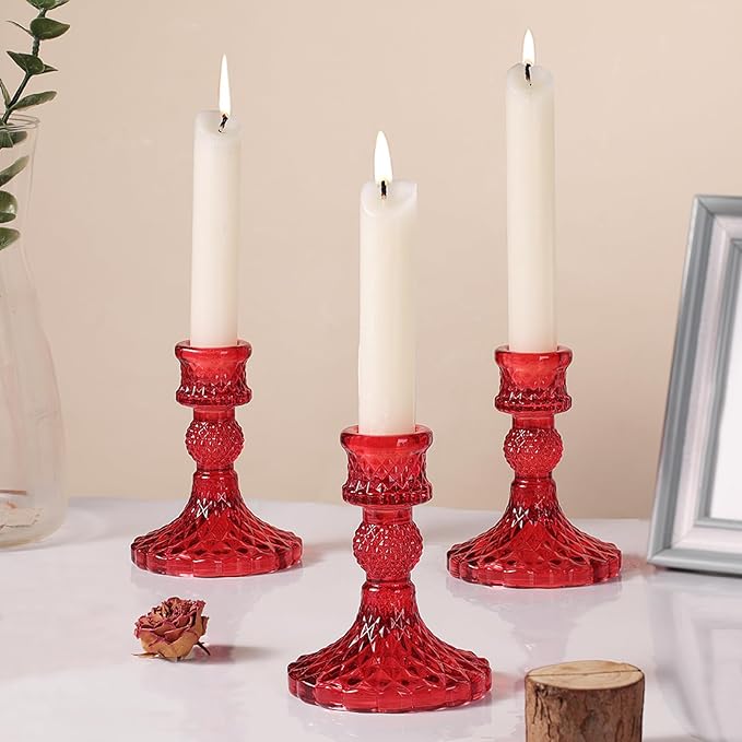 12Pcs Red Candlestick Holders Set- 4" H Taper Candle Holders Bulk, Glass Candle Holders for Activities, Party, Romantic Dinner Table Centerpieces, Festival Gifts & Windowsill Decor-Ruum Studio Home